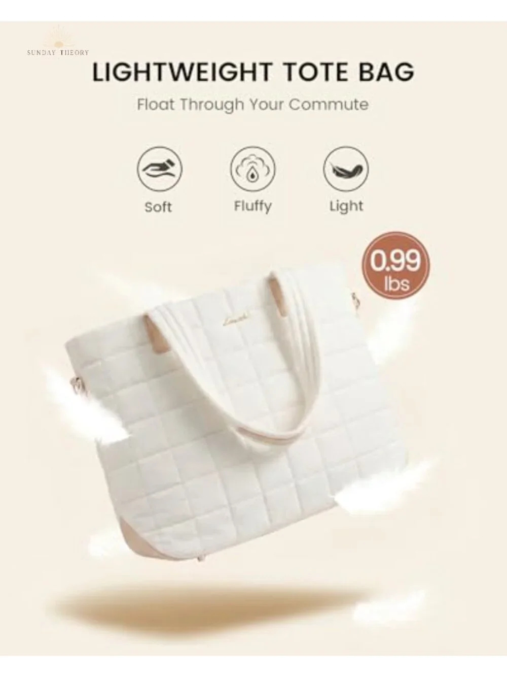 Quilted Vegan Leather Laptop Tote Bag with Zipper, Lightweight Work Bag